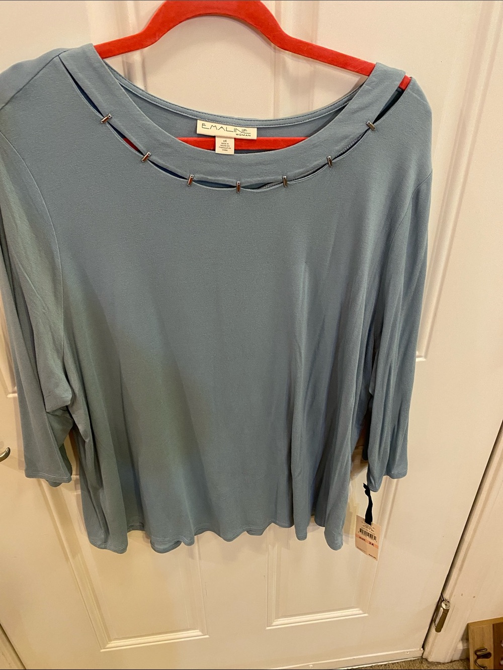 Emaline Women's Light Blue 3/4  Sleeve Scoop Neck Top with Accent Details